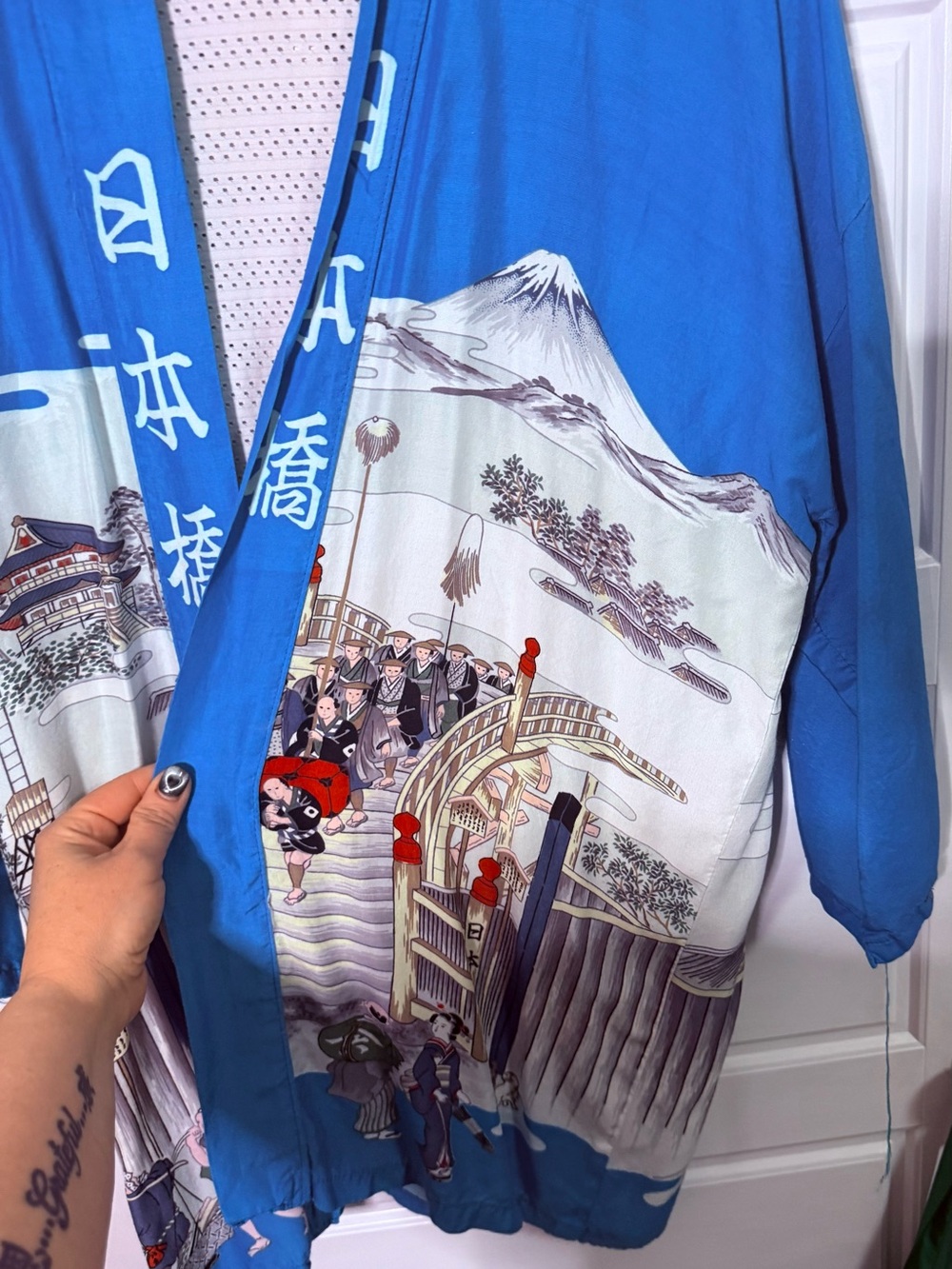 Blue Printed Kimono-Style duster in cotton with Asian theme OS